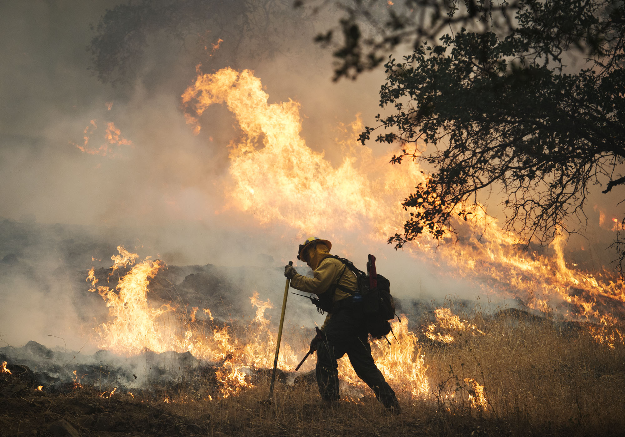 A firefighter lights a back burn along Highway 29 north of Middletown in Lake County, Calif. (Photo: Randy Pench/Newscom)