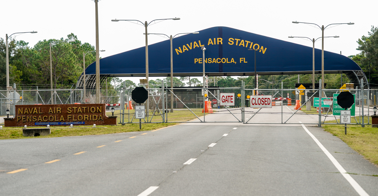 A general view of the atmosphere at the Pensacola Naval Air Station following a shooting on Dec. 6 in Pensacola, Florida. The shooting has left three innocent people dead and eight people wounded.
