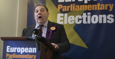David Coburn, newly-elected MEP (one of six) for Scotland, shortly after the declaration for the European Elections at Edinburgh City Council. (Photo: James Glossop/Newscom)