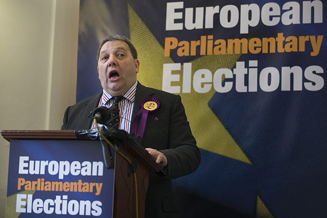 David Coburn, newly-elected MEP (one of six) for Scotland, shortly after the declaration for the European Elections at Edinburgh City Council. (Photo: James Glossop/Newscom)