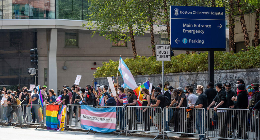 LGBT and transgender activists in front of Boston Children's Hospital
