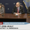 South Dakota State Rep. Erin Healy speaks in a press briefing