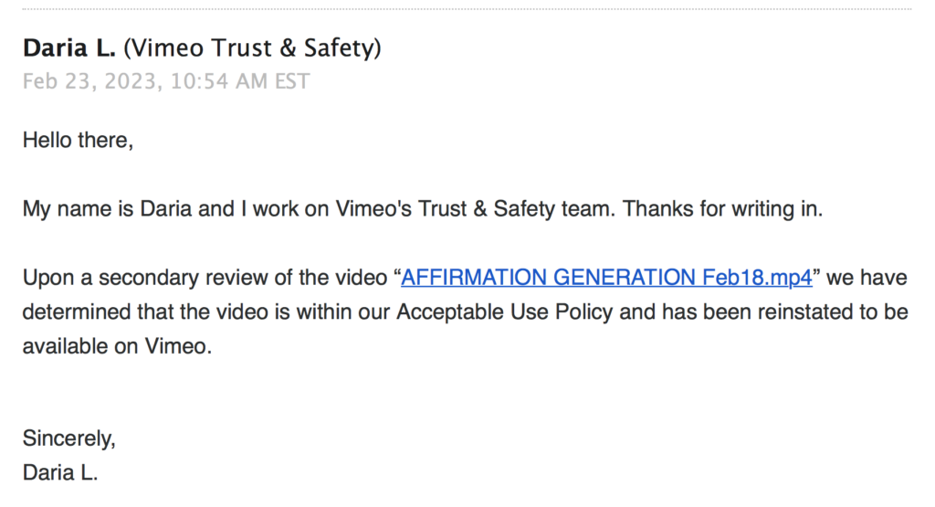 Vimeo Restores 'Affirmation Generation' After Daily Signal Report