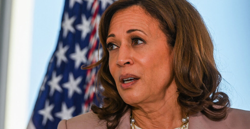 Vice President Kamala Harris looks away from the camera as she speaks during an event.
