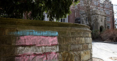 A transgender flag in chalk on a wall at the Wellesley College campus.