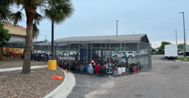 A large group of illegal migrant minors are seen in a cage like holding facility in Texas.