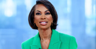 Fox News host Harris Faulkner suggested Wednesday that otherwise conservative companies may have to change some of their policies in order to comply with woke state laws. Pictured: Host Harris Faulkner as Fox News correspondent Benjamin Hall visits "The Faulkner Focus." (Photo by Roy Rochlin/Getty Images)