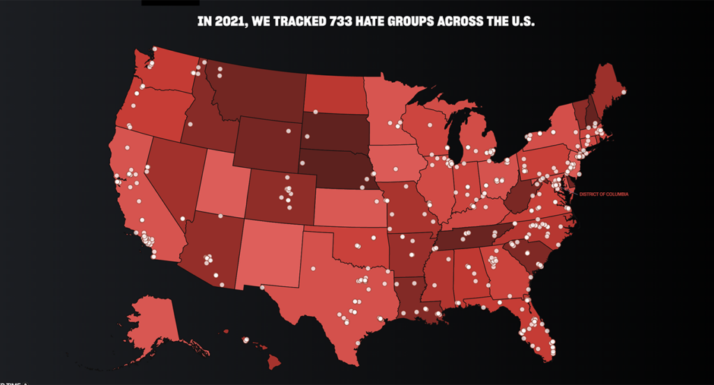 A red map of the United States plotting organizations branded "hate groups" by the Southern Poverty Law Center