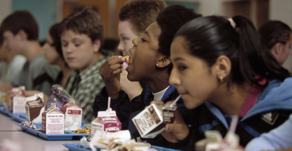 Students eating in a cafeteria