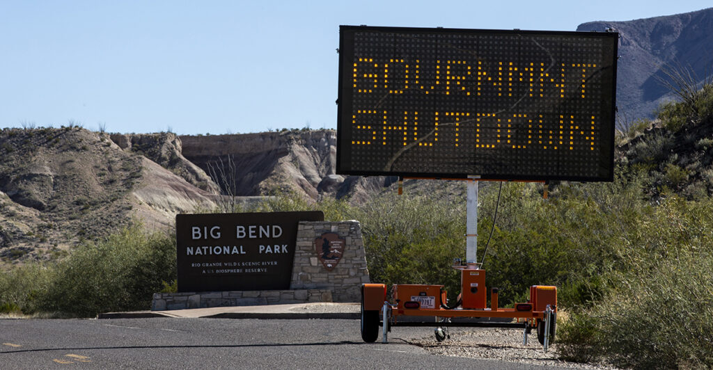 Entrance to Big Bend National Park with Government Shutdown sign