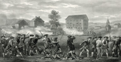 A black and white illustration depicts the Battle of Lexington and Concord in April 1775.