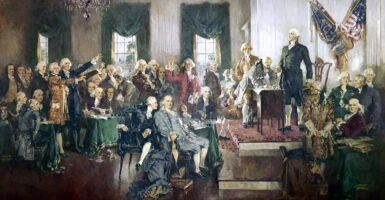 The Founding Fathers prepare to sign the Constitution.