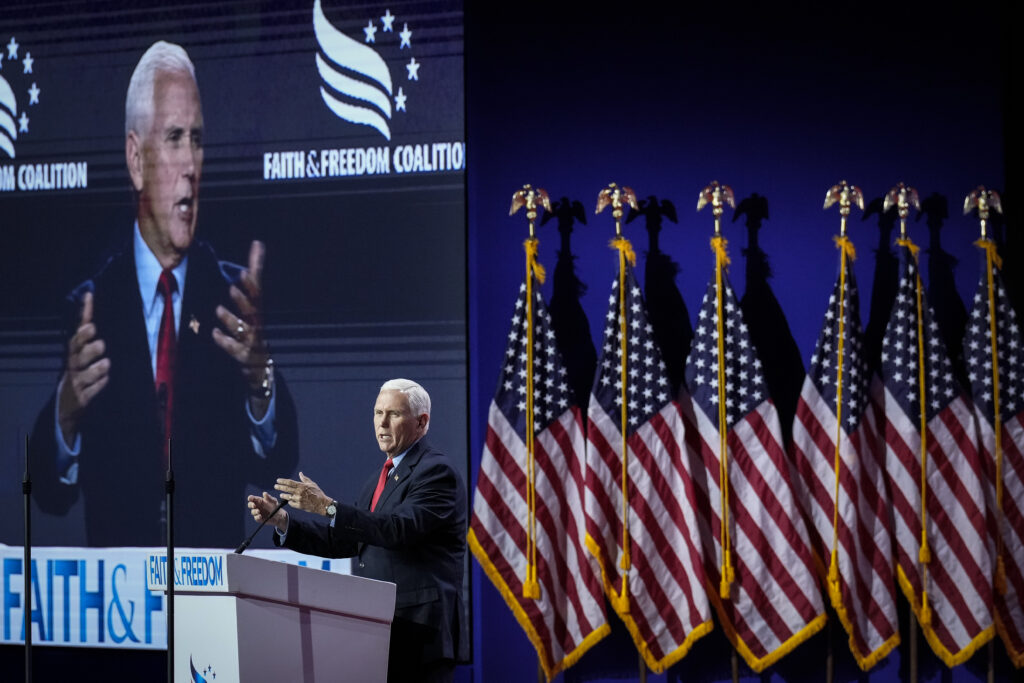 WASHINGTON, DC - JUNE 23: Republican presidential candidate and former U.S. Vice President Mike Pence delivers remarks at the Faith and Freedom Road to Majority conference at the Washington Hilton on June 23, 2023 in Washington, DC. Former U.S. President Donald Trump will deliver the keynote address at tomorrow evening's "Patriot Gala" dinner. (Photo by Drew Angerer/Getty Images)