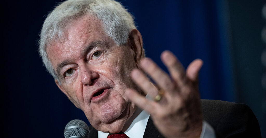 Former House Speaker Newt Gingrich speaks into a microphone.