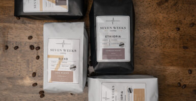Coffee bean bags with the Seven Weeks Coffee brand