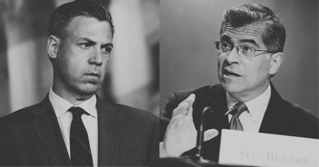 Jim Banks in a suit and Xavier Becerra in a suit