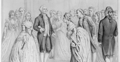 George and Martha Washington greet people at a formal event.