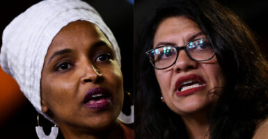 A number of high profile Democrats voted Tuesday against a resolution that condemns antisemitism and declares that Israel is not a "racist or apartheid state." (COMBO) This combination of pictures created on August 15, 2019 shows Democrat US Representatives Ilhan Abdullahi Omar (L) and Rashida Tlaib during a press conference, to address remarks made by US President Donald Trump earlier in the day, at the US Capitol in Washington, DC on July 15, 2019. - Influential US pro-Israel lobby AIPAC on August 15, 2019 opposed Prime Minister Benjamin Netanyahu's decision to bar two Muslim American members of Congress from visiting the Jewish state."We disagree with Reps. Omar and Tlaib's support for the anti-Israel and anti-peace BDS movement, along with Rep. Tlaib's calls for a one-state solution," the American Israel Public Affairs Committee tweeted, referring to House Democrats Ilhan Omar and Rashida Tlaib, who support a boycott of Israel. (Photos by Brendan Smialowski / AFP) (Photo credit should read BRENDAN SMIALOWSKI/AFP via Getty Images)