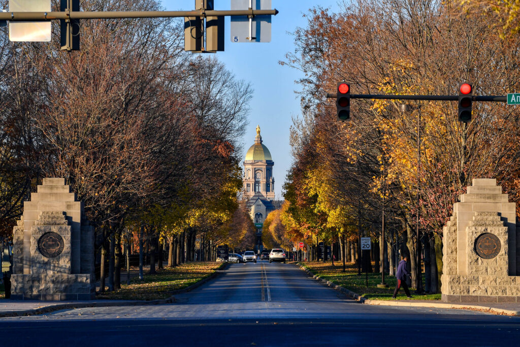 SOUTH BEND, INDIANA - NOVEMBER 07:  A general view of the entrance to the campus of the University of Notre Dame before the game between the Notre Dame Fighting Irish and the Clemson Tigers at Notre Dame Stadium on November 7, 2020 in South Bend, Indiana. (Photo by Matt Cashore-Pool/Getty Images)