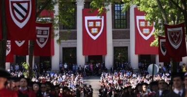People gather on the Harvard University campus during graduation.