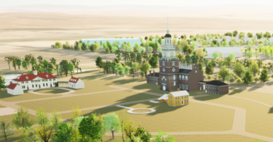 Computer image showing replicas of the Old North Church, Mount Vernon, and other historical buildings, with trees.
