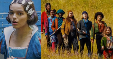 A split screen image of actress Rachel Zegler dressed as Snow White and The Seven Magical Creatures from the upcoming Snow White movie.