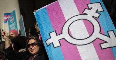 Woman holds transgender flag with transgender symbol