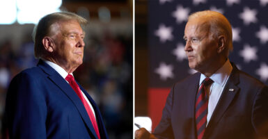 Trump and Biden are seen in a split screen photo with Trump on the left, Biden on the right.