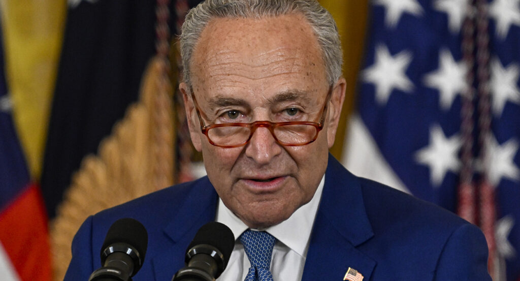 Chuck Schumer in a blue suit in front of an American flag