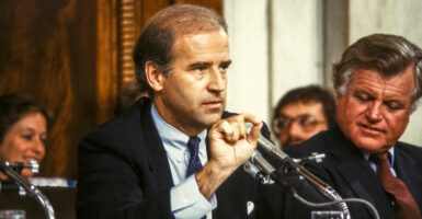 Roger Severino, vice president of domestic policy at The Heritage Foundation, revealed that he was "shocked by the plagiarism" that he discovered in an article submitted to the Harvard Journal by then Senator Joe Biden. Pictured: American politician, US Senator, and Chairman of the Senate Judiciary Committee Joseph Biden speaks during a hearing, Washington DC, October 6, 1987. Beside him is fellow Senator Edward M 'Ted' Kennedy (1932 - 2009) (right). The hearing was held to vote on the confirmation of Judge Robert Bork as an Associate Justice of the Supreme Court). (Photo by Ron Sachs/CNP/Getty Images)