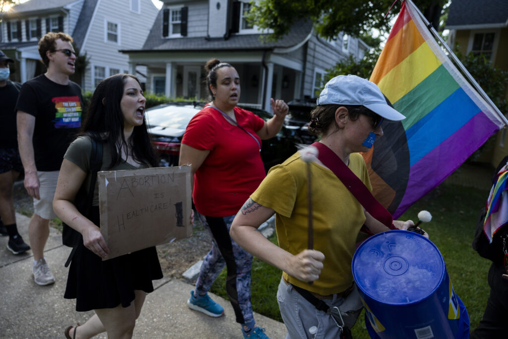 CHEVY CHASE, MARYLAND - JUNE 29: Far-left activists with Our Rights DC march in front of Supreme Court Justice Brett Kavanaugh's house on June 29, 2022 in Chevy Chase, Maryland. (Photo by Anna Moneymaker/Getty Images)