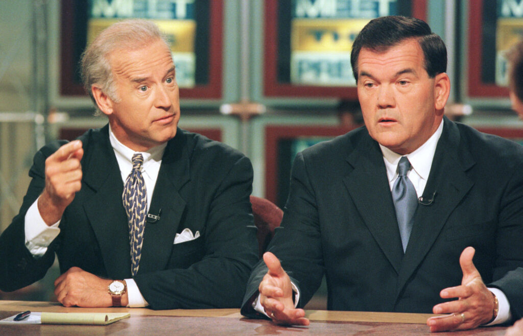 Pennsylvania Governor Tom Ridge, right, and Senator Joseph Biden (D-Del.) discuss the Campaign 2000 on NBC's "Meet the Press" September 24, 2000 in Washington. (Photo by Alex Wong/Newsmakers)