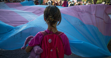 A young girl holds the corner of a large transgender flag.