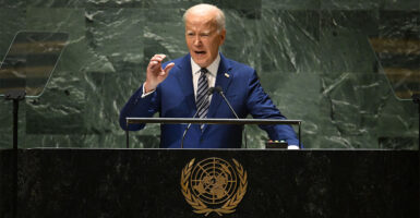 Joe Biden speaks at podium at UN