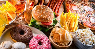 Table full of junk food: chips, cookies, donuts, cheeseburgers, French fries, more