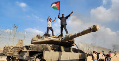 Hamas' armed wing destroys a tank of Israeli forces in Gaza City, Gaza on Oct. 7, 2023.