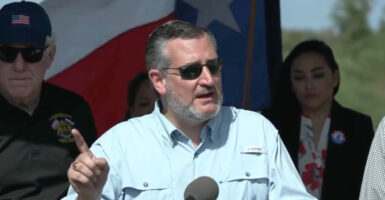 Ted Cruz in a white shirt gestures wearing sunglasses