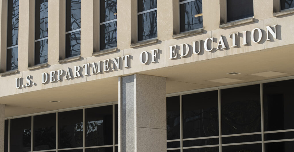 Front of the Dept. of Education headquarters with "U.S. Department of Education" across the front.