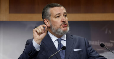 Ted Cruz gestures in a suit