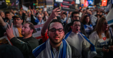 Jewish people in Times Square in New York City rally for Israel