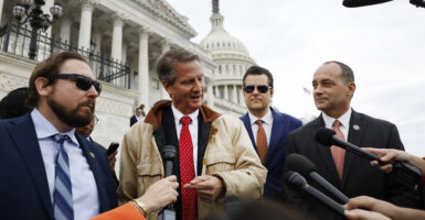Reps. Eli Crane, Tim Burchett, Matt Gaetz, and Bob Good talk to reporters outside the U.S. Capitol
