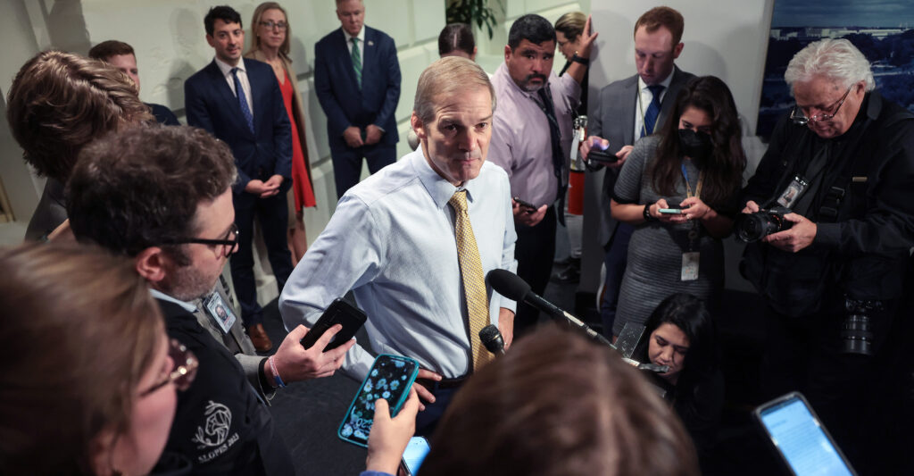 U.S. Rep. Jim Jordan (R-OH) speaks to the media as he leaves a closed-door House Republican meeting at the U.S. Capitol on October 20, 2023 in Washington, DC. (Photo: Win McNamee/Getty Images)