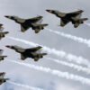 A new lawsuit is accusing the Department of the Air Force and U.S. Space Force of punishing a reservist for speaking out against the "enforcement tactics" of those quashing courage and truth within the military. Pictured: The US Air Force Thunderbirds are seen rehearsing their persision flying routine, September 18, 2015 in Forestville, Maryland. (Photo by Mark Wilson/Getty Images)