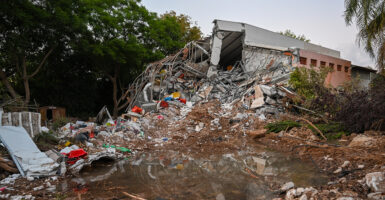 An Israeli building destroyed in the Hamas attacks