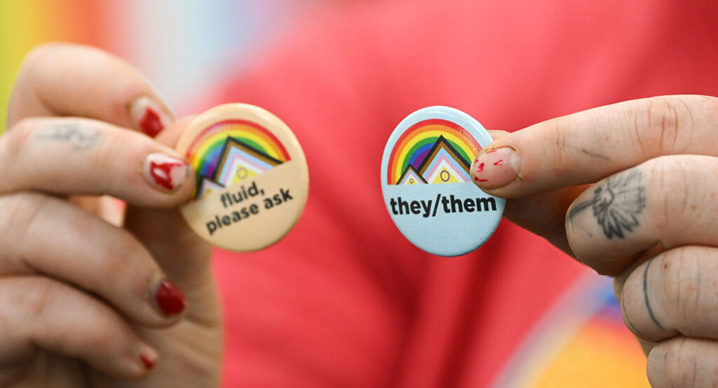 Two pronoun pins featuring rainbows and transgender flag symbols reading "fluid, please ask" and "they/them."
