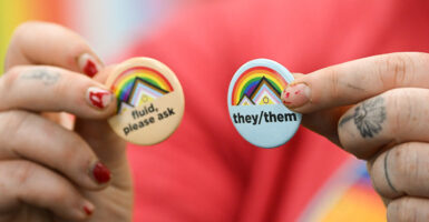 Two pronoun pins featuring rainbows and transgender flag symbols reading "fluid, please ask" and "they/them."