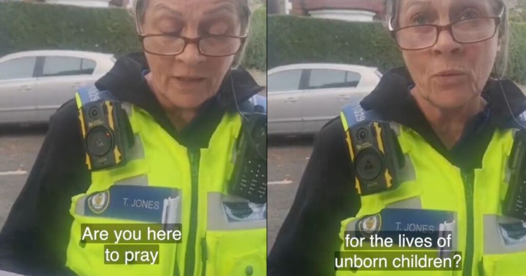Video screenshots show a police officer in a yellow vest