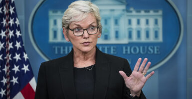 Secretary of Energy Jennifer Granholm speaks at the podium during the daily press briefing at the White House