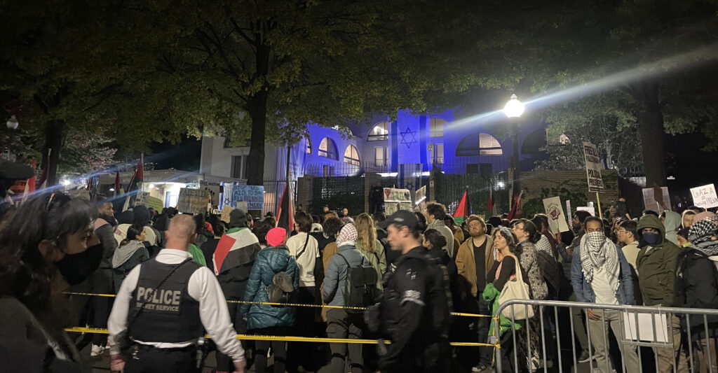 Hundreds of anti-Israel protesters supporting Palestine gathered outside the Israel Embassy in Washington, D.C. on Wednesday evening. Photo: Mary Margaret Olohan, The Daily Signal.