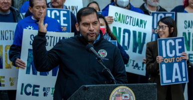 Council member Hugo Soto-Martinez announces a legislation to establish Los Angeles as a sanctuary city at press conference at city hall